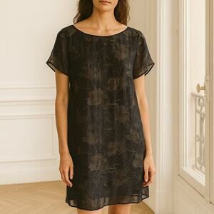 Vintage GALA Silk Sheer Floral Overlay Short Sleeve Mini Dress Black S